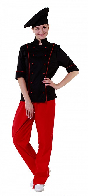 Куртка шеф-повара черная женская с манжетом (отделка красный кант) [00016] (Кл. со0455) размеры 44-54